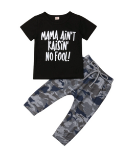This toddler boy outfit says it all Mama Ain't Raisin No Fool!   PRODUCT DETAILS,  Short sleeves,  Crewneck Graphics at front, Banded hem camouflage jogger, machine washable,  Cotton