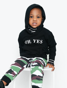 Our toddler OH YES hoodie with a mock turtleneck is perfect for the cooler weather.  It can be paired with our army fatigue jogger.  PRODUCT DETAILS,  Graphic print hoodie, Mock turtleneck and kangaroo packet