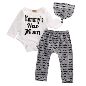 This graphic print three piece set is a comfortable and cozy outfit for your baby. The set includes long sleeve bodysuit, pants, and caps.  PRODUCT DETAILS  Full-elastic waistband on the pants for a comfortable and secure fit, Soft and gentle on the skin, Graphic print, Cotton,  Machine Washable