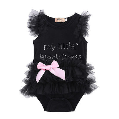 Your little princess is cute as a button in her little black lace onesie. This onesie has lace trims, rhinestone embellish, and an adorable pink bow.  PRODUCT DETAILS  Crotch-snap buttons for fuss-free diaper change, Soft cotton, Ruffle sleeves