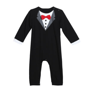 He is all dressed and ready for the special occasion, in his baby tuxedo black romper.  PRODUCT DETAILS  Attached red bowknot Crotch-snap buttons on the romper allow fuss-free diaper changes 100% Cotton Machine Washable