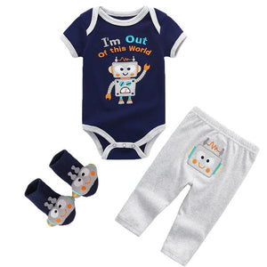 Cute onesies and pants sets are essential to every baby boy's wardrobe.  PRODUCT DETAILS  Set includes graphic print short-sleeves bodysuit, pants, and socks, Overlap shoulders, Inner-leg snaps allow fuss-free diaper change, 100% Cotton
