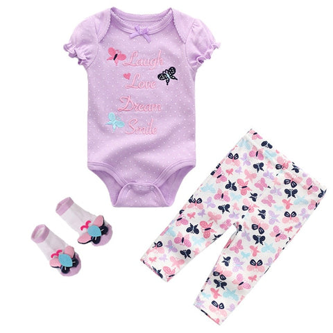 This bodysuit, pants, and socks set are essential to every baby girl's wardrobe. This three piece is a comfortable and cozy outfit for your little princess.  Set includes short-sleeve bodysuit, pants, and socks.   PRODUCT DETAILS,  Soft and gentle on the skin, Crotch-snap buttons on the bodysuits allow fuss-free diaper changes, Full-elastic waistband on the pants provides a comfortable and secure fit, High quality, 100% Cotton, Machine Washable, Imported