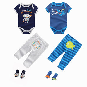This graphic print six piece set is a comfortable and cozy outfit for your baby boy.  The set includes long sleeve bodysuit, pants, and socks.  PRODUCT DETAILS  Soft and gentle on skin Graphic Print Crotch-snap buttons on the bodysuits allow fuss-free diaper changes Full-elastic waistband on the pants provides him a comfortable and secure fit High quality  100% Cotton Machine Washable