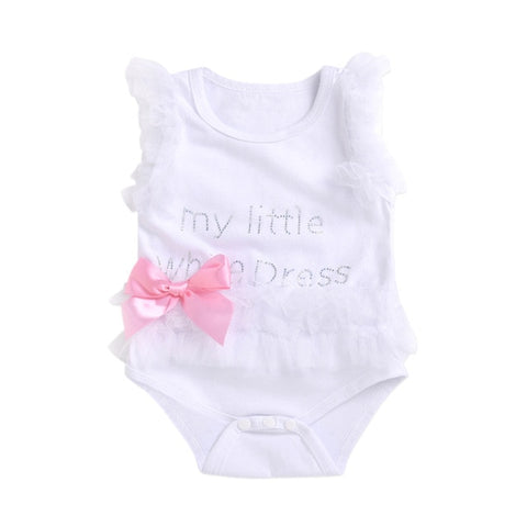 Your little princess is picture perfect ready in her white lace, rhinestone embellish onesies with a stylish pink bow.  PRODUCT DETAILS  Crotch-snap buttons for a fuss-free diaper change, Cotton, Ruffle sleeves