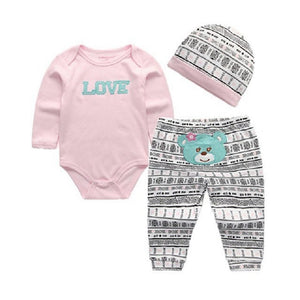 Graphic onesies are essential to every baby's wardrobe. This three-piece comfortable and cozy long sleeves onesie, with pants and hat set, is great for any season.  PRODUCT DETAILS:  Banded cuffs on cute pants with elastic waistband, Graphic print on bodysuit and pant, Overlap shoulders on the onesie,  Crotch-snap buttons on the bodysuit allow fuss-free diaper changes, 100% Cotton Machine Washable 