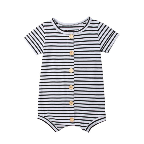 Rompers are a stand alone outfit.   PRODUCT DETAILS  Stripe short sleeve romper  Soft and gentle on the skin Six wooden buttons Cotton, Polyester Machine Washable
