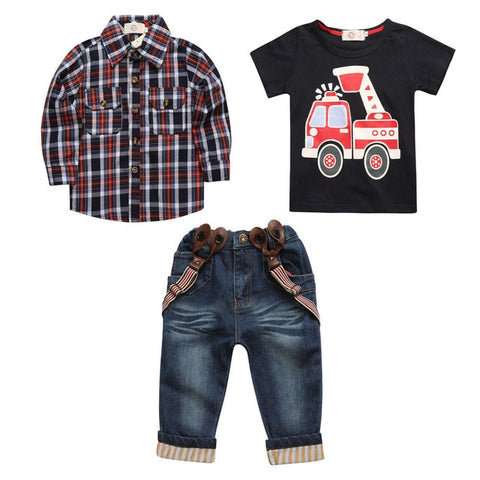 He will enjoy the options this outfit allows.   PRODUCT DETAILS,  Allover plaid print button-down, two chest pockets shirt, Crewneck graphic print with appliqués at front T-Shirt, Denim Jeans with Suspenders, Cotton/polyester, Machine wash