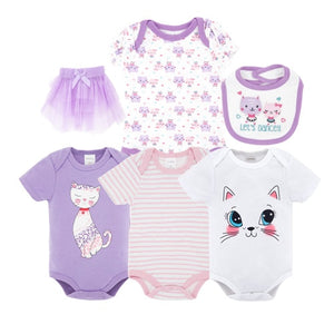 This six piece set is comfortable and cozy for your baby girl. The set includes four graphic print short sleeve bodysuits, 1 tutu shirt, and 1 bib.  PRODUCT DETAILS,  Four crotch-snap buttons on the bodysuits allow fuss-free diaper changes, Overlap shoulders graphic bodysuit, Graphic print bib, Purple tutu skirt, Machine washable