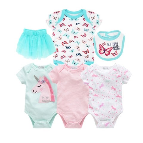This six piece comfortable and cozy short sleeve graphic print bodysuit, tutu skirt, and bib set great for multiple outfits.  PRODUCT DETAILS  Soft and gentle on skin, Three crotch-snap buttons on the bodysuits allow for fuss-free diaper changes, Graphic print bodysuit and bib, Teal Tutu Skirt 100% Cotton, Machine Washable