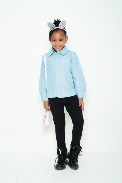 Kick It With Mama ShirtYour little princess will love our I Think I'm Gonna Kick it With My Mom Today denim shirt.  Cotton, long sleeves, turn down collar, five buttons in the front, can be worn with leggings