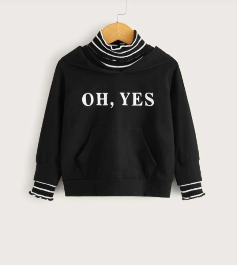 Our toddler OH YES hoodie with a mock turtleneck is perfect for the cooler weather.  It can be paired with our army fatigue jogger.  PRODUCT DETAILS  Graphic print hoodie Mock turtleneck, kangaroo pocket