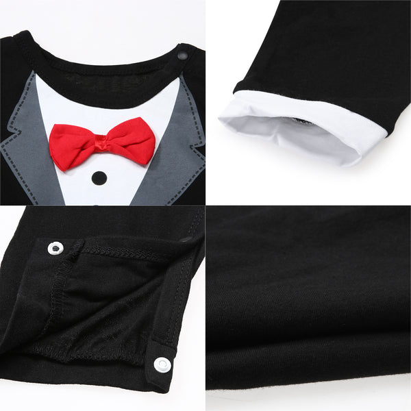 He is all dressed and ready for the special occasion, in his baby tuxedo black romper.  PRODUCT DETAILS  Attached red bowknot Crotch-snap buttons on the romper allow fuss-free diaper changes 100% Cotton Machine Washable