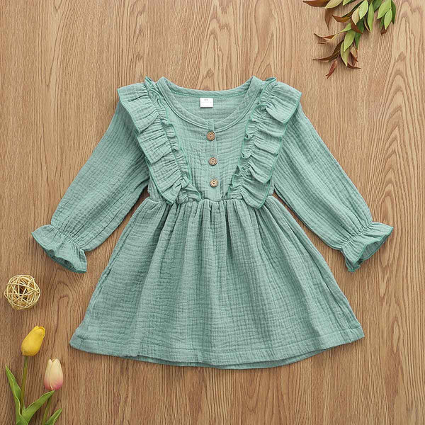 Green Linen dress with three wooden buttons. Ruffles long sleeve dress.