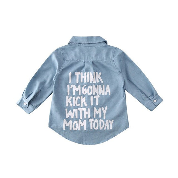 Your little princess will love our I Think I'm Gonna Kick it With My Mom Today denim shirt.  Cotton, long sleeves, turn down collar, five buttons in the front, can be worn with leggings