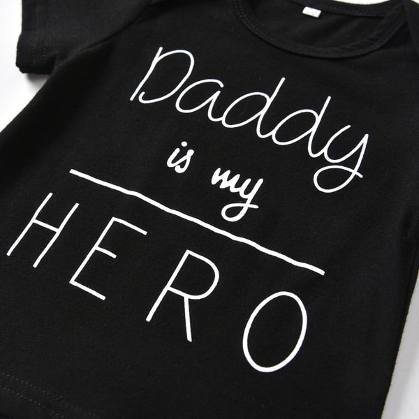 Her daddy is her hero.  This graphic t-shirt, pants with a stylish headband is a cute outfit.  PRODUCT DETAILS,  Headband Pullover graphic t-shirt, Full-elastic waistband on the pants provides a comfortable and secure fit, Banded cuffs, 100% Cotton, Machine Washable